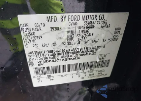 2010 Ford Edge Sel из США, поврежденный, VIN 2FMDK4JCXABB23926